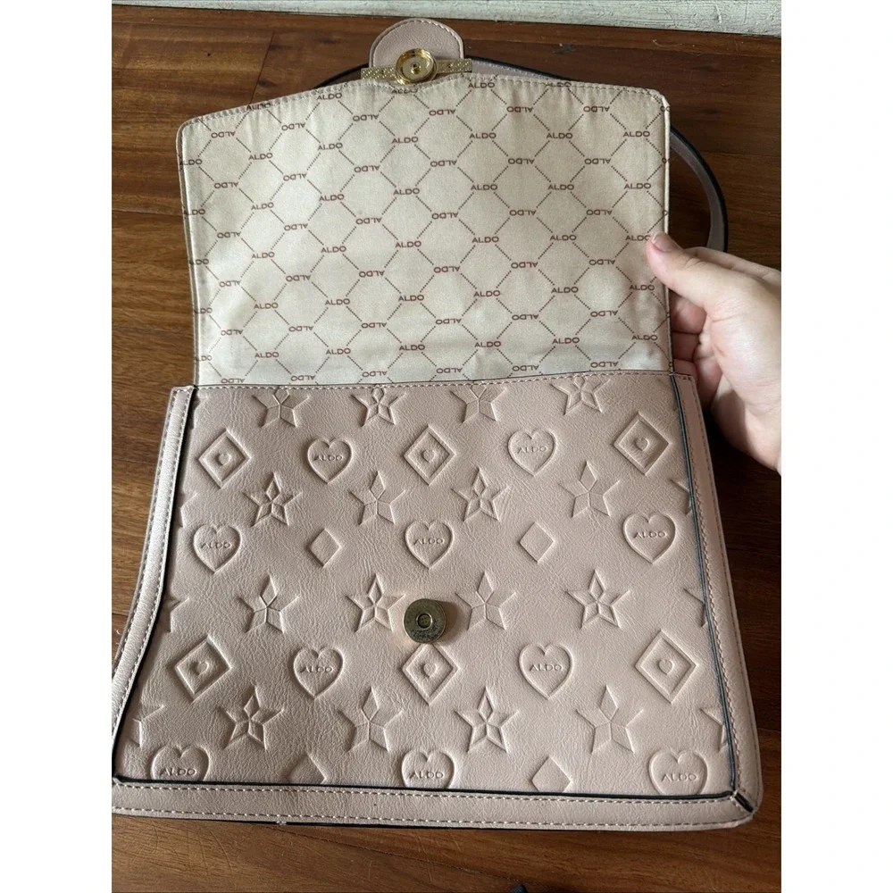 Aldo Blush Gold Satchel Handbag Logo Shape Printed Crossbody